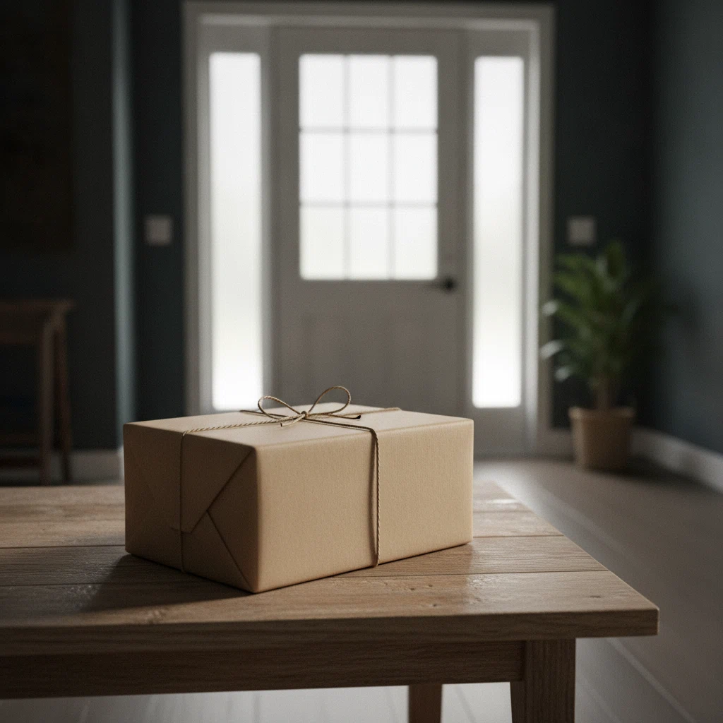A neat kraft paper parcel box placed on a wooden table near a bright front door, ready for collection