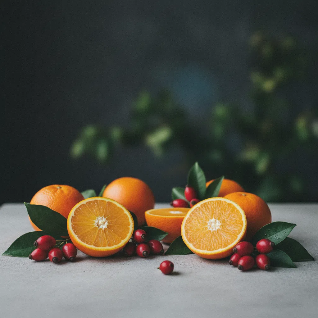 Fresh oranges and rosehip berries arranged on a pale stone surface in soft daylight
