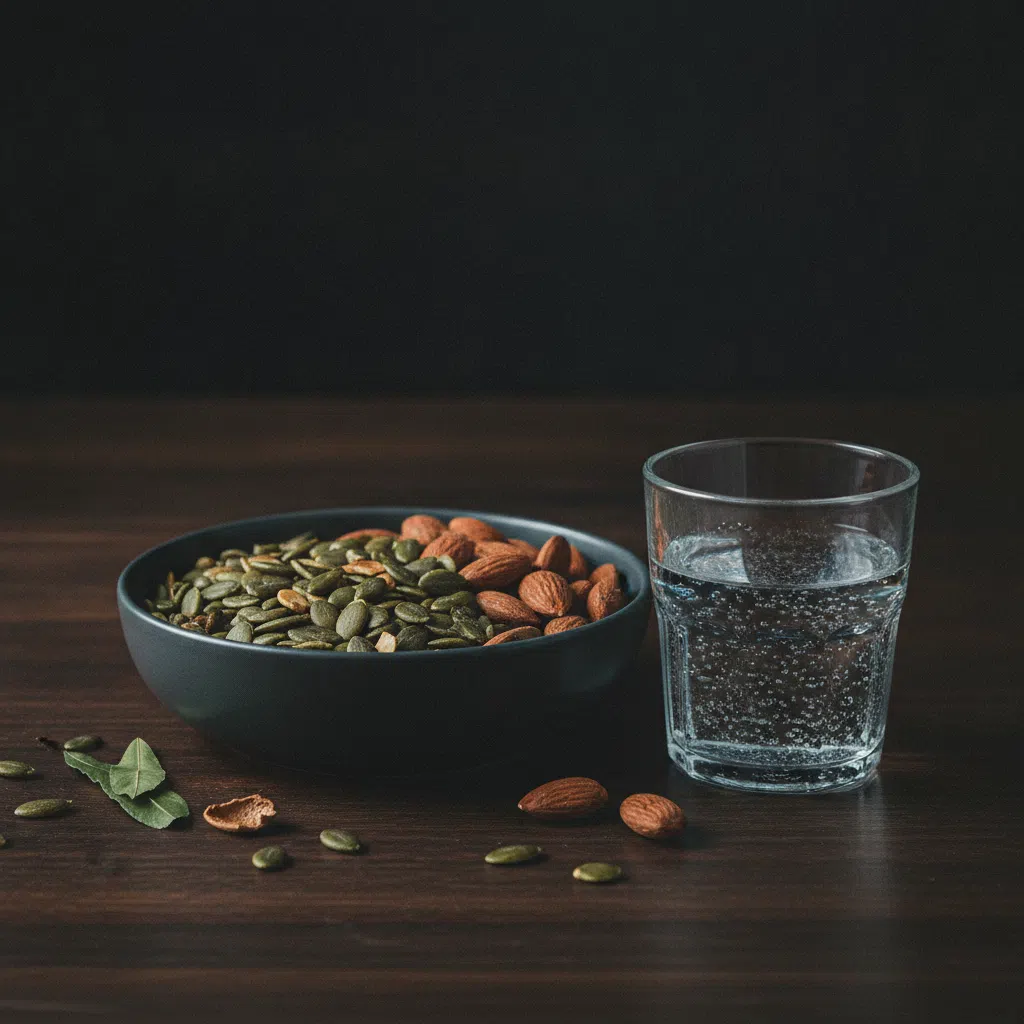 A ceramic bowl of pumpkin seeds and almonds beside a small glass of water on a wooden table
